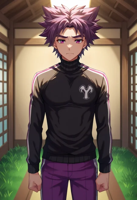 masterpiece, best quality, intricate details, anime screencap, , , , depth of field, 1boy, solo, male focus, <lora:yoichi_yukimura_ilxl:1>, yoichi_yukimura, purple hair, purple eyes, short hair, spiked hair, , straight-on, grass, indoors, light, villain pose, sad, HotPink Aztec Moire Track pants with side stripes, Turtleneck sweater, , Cowboy hat,