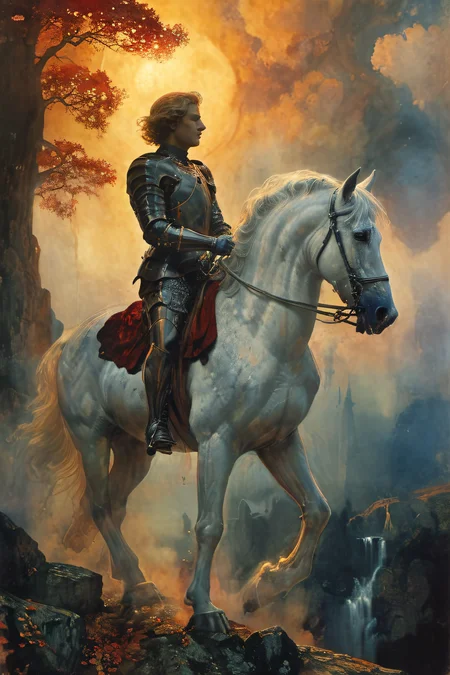 dark atmosphere, a knight riding a white horse, epic landscape, realistic backround, masterpiece, highres,  <lora:add-detail-xl:0.8>