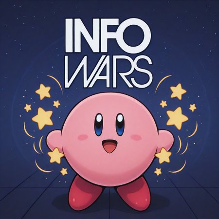 info wars, white logo, blue wall, kirby, round body, pink body, pink skin, :D, extremely happy, hands waves, stars, yellow stars, high quality, masterpiece