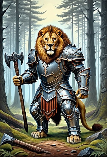 A lion in iron armor and axe, fantasy, forest background, oil painting, illustration, high quality, detailed, realistic