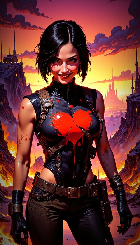 A striking scene set in the chaotic, cel-shaded world of Borderlands. The landscape is a wild mix of desert wasteland and industrial ruins, with jagged cliffs, rusted metal structures, and neon signs flickering in the distance. The sky is a vivid orange, streaked with purple clouds, and the air is thick with the scent of gunpowder and dust.

In the foreground stands a beautiful young woman, her presence both fierce and captivating. She has a bold, Bettie Page-style haircut—jet-black bangs framing her face and the rest of her hair styled in soft waves. Her face is marked with scratches and bruises, and a trickle of blood runs from her split lower lip, but her smile is wide and full of life, her eyes sparkling with unshakable confidence.

She’s wearing a rugged tactical vest, its surface scuffed and battered, but the bright red heart painted over where her own heart would be stands out vividly. The heart is slightly cracked, a symbol of her resilience and determination. Her outfit is a mix of practicality and style—cargo pants, fingerless gloves, and combat boots, all showing signs of wear and tear.

Behind her, the Borderlands-style landscape stretches out in all its chaotic glory. A broken-down vehicle smolders in the distance, and a group of bandits can be seen scrambling over a ridge, their silhouettes sharp against the vibrant sky. The woman’s posture is relaxed but ready, as if she’s just come out of a fierce battle and is already prepared for the next one.

The atmosphere is a perfect blend of grit and humor, capturing the essence of a world where danger and absurdity go hand in hand. The woman’s unbreakable spirit shines through, a beacon of hope and badassery in a world gone mad.