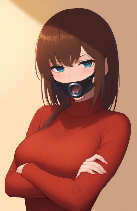 masterpiece, best quality, 1girl,  <lora:pluggag-illus:0.8>, plug gag, dress, sweater, crossed arms, open mouth