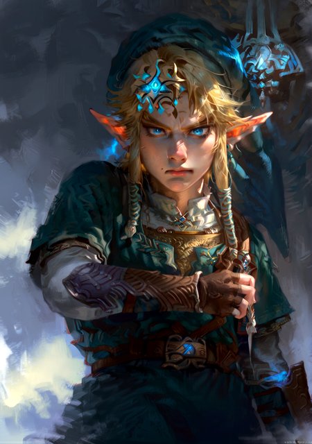 score_9,score_8_up, score_8, 
the legend of zelda, the legend of zelda: twilight princess, dark, brooding,
1boy, tphrlnk, solo, portrait, elf, blonde hair, blue eyes, hat, green tunic, belt, fingerless gloves, cowboy shot, weapon on back, looking down, glowing blue eyes, anger,
 <lora:Expressive_H:0.5>  <lora:Dungeons_and_Dragons_Art_Style:1>  <lora:tp_hero_link_tphrlnk_ponyxl_v1:1>