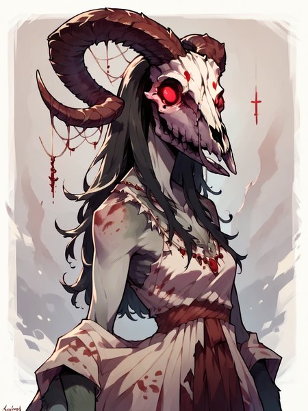 score_9, score_8_up, score_7_up, score_6_up, score_5_up,  <lora:wendigoXLP:1> wendigo, horns, 1girl, animal skull, monster, no humans, solo, red eyes