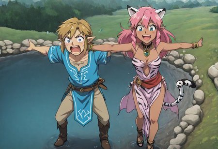 Pink_DragonPink, 1girl, sleeveless dress, white tiger print dress, pelvic curtain, cleavage, white tiger tail, red sash, small breasts, leather shoes, masterpiece, very aesthetic, cute expression <lora:pink-illustrious:1>, 
Break
(anime, anime coloring:1.3),1boy,Anime screencap,link (zelda),blonde hair,blue eyes,pointy ears, wearing blue hyilian tunic, 
Hylia lake, in front of lake, dragonpink dancing with link, happy and smiling, loveyes