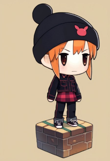 score_8, score_8_up, score_7_up, source_anime, anime screenshot,  1girl, female focus, solo, usagi_kurokawa, beanie, black headwear, hat ornament, orange hair, bangs, short hair, sidelocks, denim jacket, black jacket, collared jacket, breast pocket, long sleeves, skirt, plaid skirt, pants under skirt, black pants, jeans, sneakers, black footwear, ffpictlogicastyle, chibi, full body, faux figurine