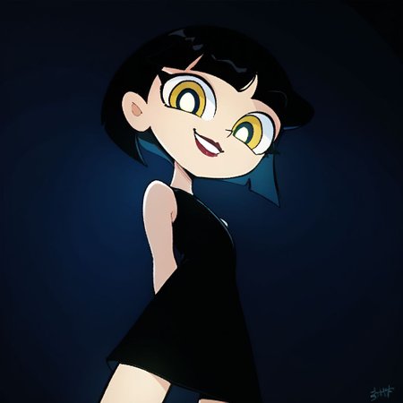 powerpuff, ingridthird, 1girl, black hair, solo, short hair, yellow eyes, black dress,smile sleeveless, makeup, looking at viewer, lipstick, bob cut,dark room, low light, lit face from below, ,cowboy shot, score_9, score_8_up, score_7_up, score_6_up, bright eyes, bright pupils, close-up, mysterious, black background, night, portrait, blue lighting, arms behind back,