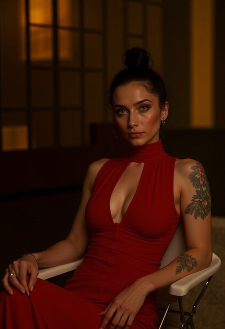 professional photo. cinematic style. masterpiece.
The front view is close, at eye level. This is a shot from a movie with a turkish woman with green eyes, sitting in a darkened environment, black hair in bun.  She is wearing a strict red tight-fitting dress with cleavage and a high collar to the middle of her thighs. charismatic tatoo on her left arm. Relaxed pose, bare arms, hands resting on the railing of the chair.  She crossed her legs. Feminine figure, wide hips. Perfect hands. She has a confident expression on her face and playful twinkles in her eyes, Looking at us. The chair she's sitting on is white. The overall atmosphere of the shot is seductive sophistication and cold passion, minimalism and clean lines. exquisite seduction. The frame of the film is made qualitatively, professionally, with a clear focus.(woman is brightly illuminated by soft artificial light). 
The background is made in a minimalist style, with a gradient of dark yellow tones, far behind in defocus is an illuminated wall of rectangular panels, which enhances the airy atmosphere of the scene and the depth of field. The overall composition looks cinematic.  Beautiful bokeh. Hollywood Cinematic Film style.  indirect sexy lights.  lighting focus on the character.
(depth of field), Alyona