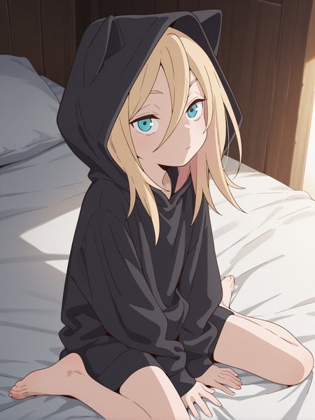 (masterpiece:1.4), (best quality:1.4),  rating_safe,very aesthetic, newest,best quality, amazing quality, very aesthetic, absurdres,
 1girl,solo,jobko, ,  blonde hair,  long hair, hair between eyes,medium hair, eyebrows,  
<lora:jobko:1>
black hoodie,hood up,barefoot,oversized
sitting,on bed,indoor,wariza,
looking at viewer