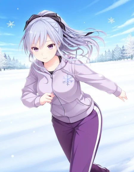 1girl, solo, 
<lora:Kisaragi_Mizuha_LCD_v05:1> kisaragimizuhalcd, braid, hair bow, hair ribbon, black ribbon,
hood, hooded sweater, track pants, purple pants, tank top, long sleeves, 
light smile, 
running, 
 blue sky, snowflakes, winter, masterpiece, best quality, amazing quality,