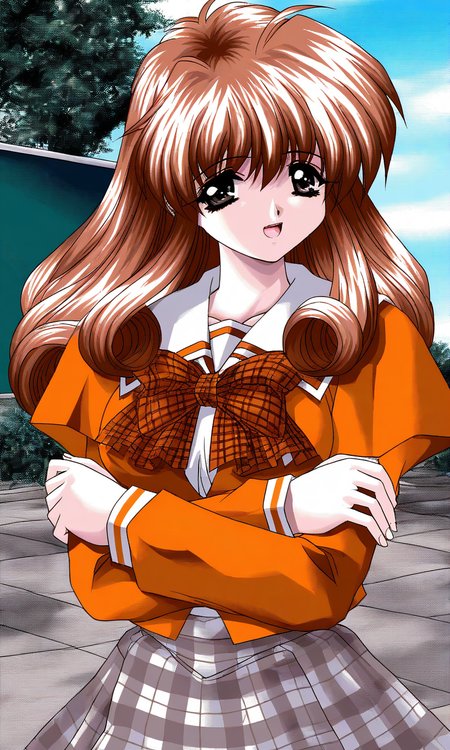 general,highres, ultra-detailed,very aesthetic,best quality ,best hands, BREAK <lora:Ichijo_Serika_Ver2.0_Akumu_AoiKajitsunoSange_IS:1>
Ichijo_Serika, 1girl, solo, long hair, curly hair, brown hair, black eyes, medium breasts, sidelocks,
open mouth, curly hair, light smile, orange school uniform, ribbon, white+gray skirt, outdoors, crossed arms, check skirt, plaid bow, long sleeves, serafuku, School, class room, curtain.