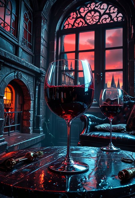 SmoothNoob_Quality, no humans, gothic architecture, darkness, barred window, red sky, expensive furniture, indoors, table, wine glass,  <lora:Smooth_Booster:0.5>​​​