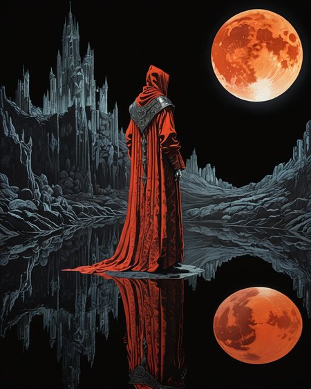 Guard wearing a scarlet robe, water, reflections, transparency, aspiring, vivid color, Mordor: A dark and evil land ruled by the dark lord Sauron, Harry Clarke,  orange shaded moon, volumetric lighting, <lora:add-detail-xl:1>, <lora:xl_more_art-full_v1:0.8>