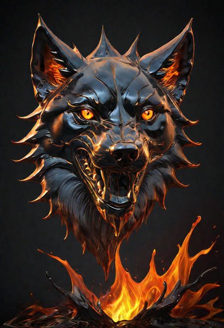 (masterpiece))
a wolf head,
HDR, hyper realistic, 
Black goo,
godly auburn light, flames,