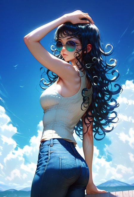 score_9, score_8_up, score_7_up, score_6_up, score_5_up, score_4_up,1girl, beautiful, tank top, upper bod, detailed face, jeans, looking back, hand on head, curly  hair, long hair, black hair, cool, badass, sunglasses