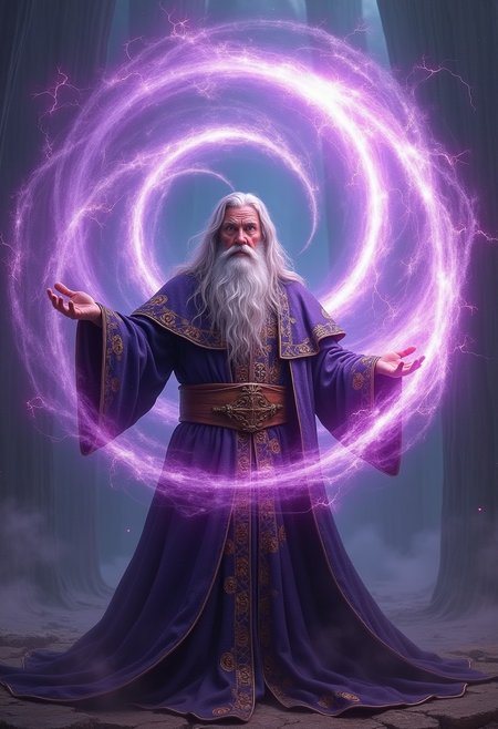 A highly detailed 4K image of an ancient wizard with a long, flowing beard and ornate robes adorned with mystical symbols, casting a colossal, swirling purple spell. The spell radiates from his hands, forming a massive vortex of arcane energy, with glowing runes and sparks of electricity spiraling around it. The wizard’s intense gaze is illuminated by the spell’s light, while the environment around him warps and crackles with magical power. The scene is bathed in a dramatic, otherworldly glow, with intricate details on the wizard's robes, the spell, and the dynamic lighting that highlights every facet of this epic moment