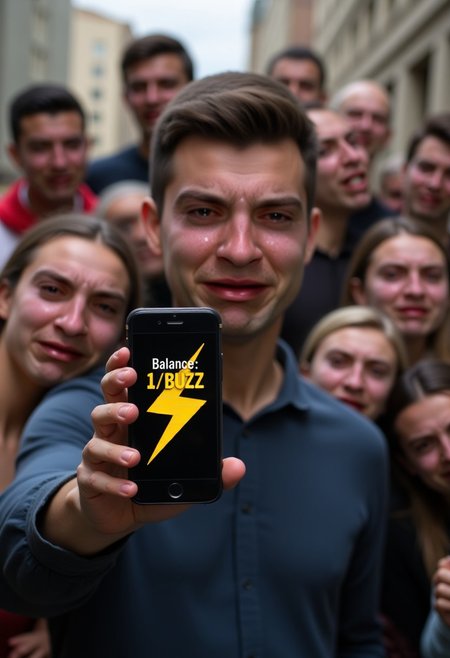 Photo of a young man showing his screen "Balance : 1 BUZZ" displayed on phone, the text is yellow and there is a lightning bolt logo bellow the text,  Crowd laughting at man and pointing at him