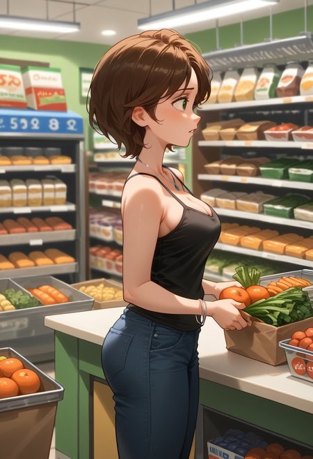score_9, score_8_up, score_7_up, disney pixar, auntcass, 1girl, brown hair, short hair, solo, black camisole, (loose strap:1.1), (gap between strap and chest:1.3), necklace, green eyes, hot pants, short jeans, tight pants, bracelet, large breast, big butt, thick thigh, bare knee, cleavage, 
from behind, from side, from top, closed mouth, parted lips, standing, picking, cleavage,( unintentionally teasing:1.3), trolley, filled with grocery
indoors, supermarket, grocery store, grocery, vegetables, depth of field, steam, feet out of frame, blurry background, crowds, peoples, volumtric lighting on breasts, shading on breasts,