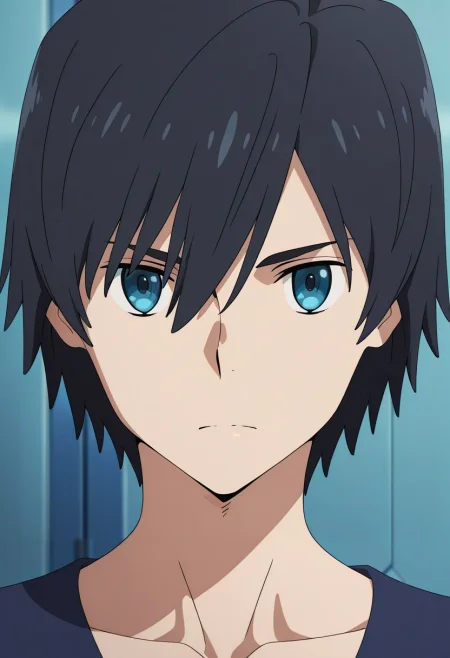 masterpiece, best quality, , anime screencap, anime coloring, official style, looking at viewer, 1boy, solo, male focus, <lora:hiro_franxx_ilxl:0.9>, hiro_franxx, black hair, blue eyes, bangs, , ,