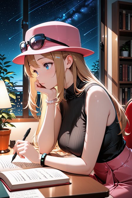 lazypos, medium breasts, (curvy), serena, pokemon, solo, long hair, blue eyes, eyewear on headwear, pink headwear, eyelashes, sleeveless shirt, black shirt, bracelet, high-waist skirt, lofi girl \(youtube\), sitting, side view, desk, chair, book, bookshelf, head rest, holding, holding pen, lamp, night, open book, pen, plant, potted plant, sky, star (sky), starry sky, window, windowsill, writing, (upper body), <lora:super_secret_lora_not_released:5> <lora:TrendCraft_The_Peoples_Style_Detailer-v1.0A-3_13_2025-illustrious:0.2>