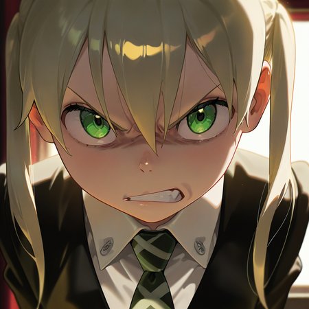masterpiece, best quality, amazing quality, very aesthetic, absurdres,  newest, volumetric lighting,
souleaterstyle,,maka,
1girl,solo,looking at viewer,milk blonde hair,twintails,green eyes,necktie,,angry,anime coloring
,masterpiece, best quality, amazing quality, very aesthetic, absurdres,  newest, volumetric lighting,
, <lora:soul_eater_illustrious:0.8>,