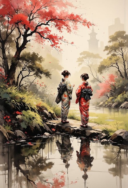 A dinkfsn style ink wash painting, OBxiaoxiang, Inkplash art on rice paper, sepia,, inksplash poster art, two Asian women in kimonos standing reflected in the water of a large pond in a public park, sakura trees, dappled sunlight