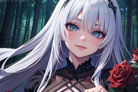 (masterpiece:1.4), 4K8K, (anime style), (high shutterspeed:1.4), (sharp edges), 
SyFyEye1, 
1woman  hands togather,  leaning foward, face focus, smile, closed mouth, 
wearing Celtic style dress, (Detailed face, Detailed eyes, Detailed lips), 
any colored roses, Fantastic Forest at night,
