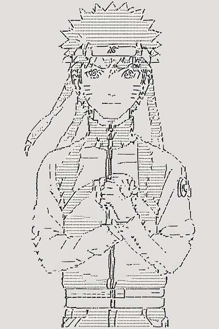 score_9, score_8_up, score_7_up, score_6_up, score_5_up, score_4_up,<lora:Naruto:0.8>  uzumaki_naruto, forhead protector, konohagakure symbol, whisker markings,  jacket, pants, 1boy, <lora:ascii_character:1>,  ascii_art_style, monochrome, greyscale, masterpiece, highres, white background, simple background