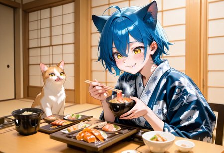 masterpiece, general, best quality, amazing quality, very aesthetic, ultra-detailed, absurdres, highres, newest, 1girl, short hair, royal blue hair, cat ears, ahoge, hair between eyes, yellow eyes, :3, fang, smile, yukata, heyashoku, food, table, eating, holding chopsticks, happy, steam, cats,