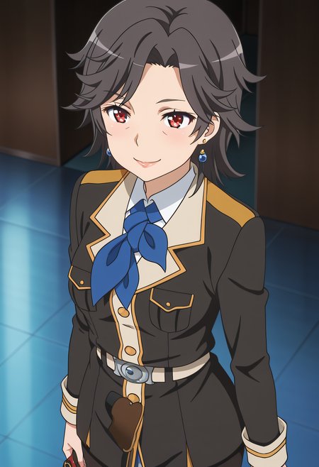 masterpiece,best quality,amazing quality,very aesthetic, absurdres

1girl, solo, Mayuki Munetani, red eyes, military, uniform, lips, jewelry, belt, pantyhose, high heels, anime coloring, eye wrinkles,

Standing, Smile, upper body,


