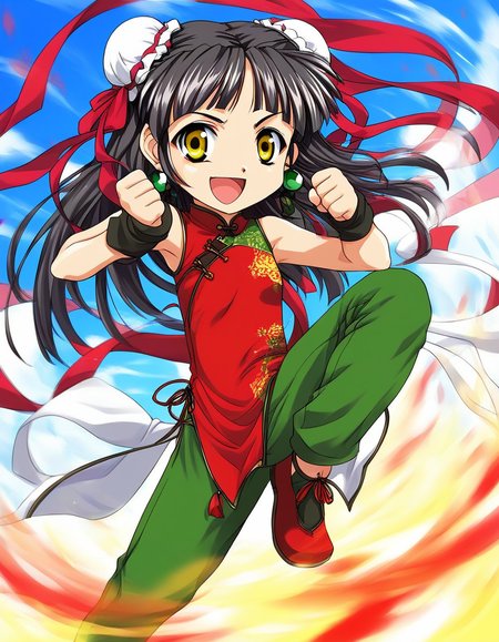 score_9, score_8_up, score_7_up, source_anime, rating_explicit, BREAK  <lora:Kounyan_Ver2.0_XL:1> Kounyan, solo, black hair, long hair, double bun, hair bun, bun cover, yellow eyes, ribbon, earrings,  green_jewelry, chibi,
red china dress, red ribbon,  green pants,  aura, 
 outdoor, sky, serious smile, open mouth,
fighting_pause, fight style,
looking at viewer, 
cowboy_Shot,