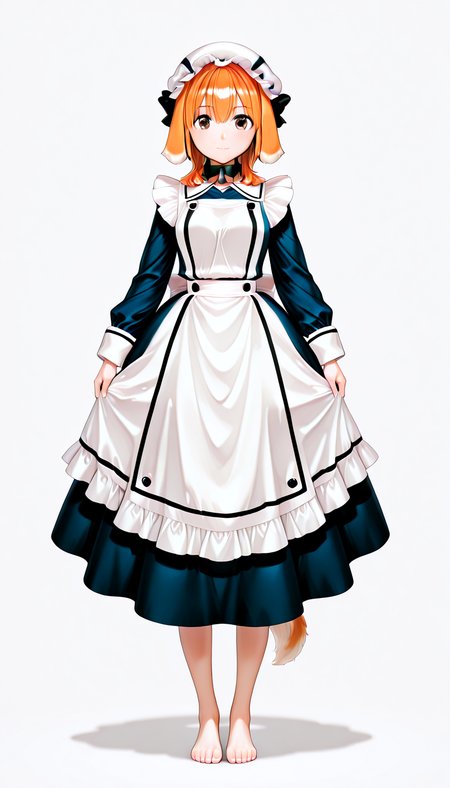 IllusP0s,masterpiece, best quality,(ultra detailed eyes:1.4),((ultra detailed heir:1.4)), ((explicit)), <lora:perfection style v2d:1> ,((dynamic angle)),((dynamic pose))
BREAK
1girl, r0xanne_manga,   <lora:Roxanne_-_100percent_-_manga:1>, Black collar, brown eyes, short hair, orange hair, floppy ears, dog ears, dog girl, Black ribbon
Edwardian maid, long sleeved blue dress, mob cap, white hat, ((long skirted blue dress)), white apron with blue stripes, maid's apron, white apron with blue stripes, (tail sticking out of dress), ((barefoot:1,4))
BREAK
blank background, direct shot, blank pose ,standing ,neutral black expression, full body, ((straight-on)), âââ
looking at viewer, light smile