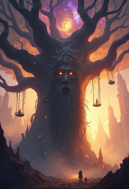 A professional fantastical, surreal scene featuring a giant ancient tree with a humanoid face and a long, flowing beard made of twisted branches. The tree appears alive, with swirling, spiral-like patterns adorning its bark and branches, which extend out into the sky like a cosmic network. Floating orbs and celestial objects hang from the branches like ornaments, glowing with soft light, while tiny figures float in ethereal swings and structures around the tree. The background reveals a dreamlike cityscape with towering, abstract buildings. The entire scene is bathed in warm, magical hues of orange, purple, and gold, creating a mystical atmosphere as if the tree itself controls time and space,RPG Style