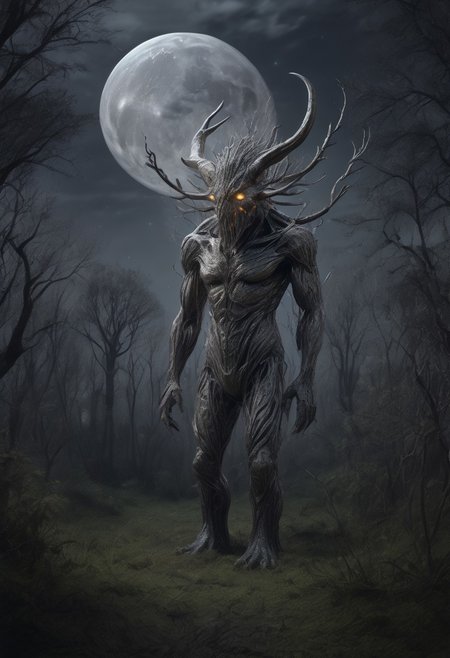 masterpiece,best quality,amazing quality,very aesthetic,absurdres,newest, huge filesize, absurd res, 
pascaH, no face, monster, grey skin, wrinkly body, horns, full body, side view, claws, forest, nighttime, stars, moon, trees, clouds, grass, fireflies, beautiful, glowing, scenery, dream view morph,
