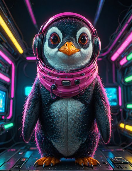 (ombre color scheme of neon pink, neon blue, neon green, neon yellow, neon yellow-red) (in the style of Zdzislaw Beksinski:1.2) (cute:1.25) (anime penguin:1.75) wearing a space helmet sitting at command chair with the lights of the consoles behind, in the style of sci - fi environments, glo - fi, aesthetic, comic, beeple, space background <lora:another-bored-particle:0.55>  <lora:add-detail-XL:0.65>, subsurface scattering, ultra hd, 4k, high def, Photorealistic, Hyperrealistic, Hyper detailed, analog style, realistic, masterpiece, best quality, ultra realistic, 8k, Intricate, High Detail, film photography, soft lighting,  heavy shadow