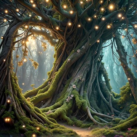 RAW photo, (masterpiece:1.3), subsurface scattering, heavy shadow, (high quality:1.4), (intricate, high detail:1.2), professional photography, HDR, High Dynamic Range, realistic, ultra realistic, photorealistic, high resolution, film photography, ambient lighting, atmospheric effects, <lora:detail_slider_v4:2>, OverallDetail,  a huge magical tree with big roots in a fantasy forest with magical lights, godrays, flowers, FeyFa, <lora:FeyAndFairies-10:1>, epiCPhoto