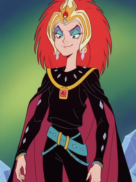 score_9, score_8_up, score_7_up,  1girl, solo,    <lora:Dark_Princess_Pony:1> 1girl, solo, ssdp1, red hair, green eyes, gold headgear, black outfit, long sleeves, diamond studs,  leather pants, red jewel, cape, belt, diamond earrings, eyeshadow, makeup, eyes narrowed, glamorous, regal, smug