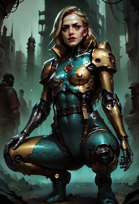 score_9, score_8_up, score_7_up, score_6_up, source_anime, w4rh4mm3r style oil painting, grimdark, petite skinny blonde woman, wearing tight (stealth) body suit with hexagonal pattern, cybernetic arms, crouched on the top of a building overlooking a ruined city, concept art, realistic, dark theme, low light