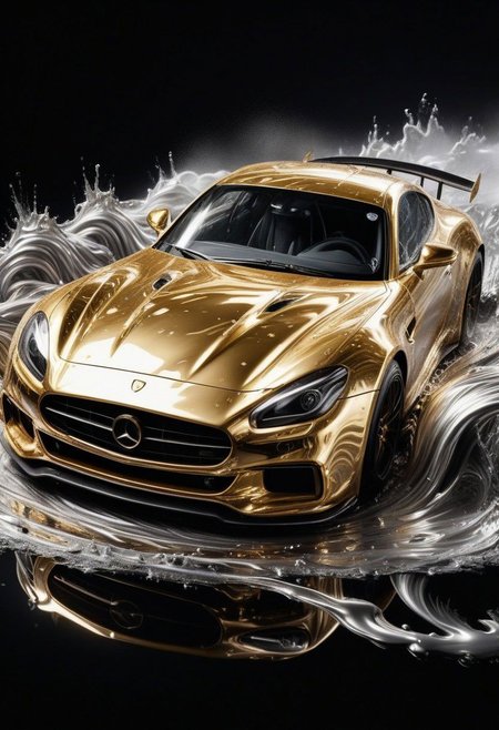 GOLD LIQUID METAL sports car, race car, racing through SILVER LIQUID METAL, liquid metal sprays up from the cars tyres, Car drifting in a black void