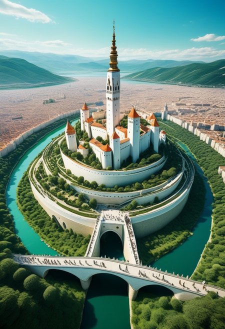 score_9,score_8_up,score_7_up,fantastical and realistic image, a detailed fantasy white city that stands on a verdant, oblong, drop-shaped low island in the middle of a wide river. Six White bridges connect the city to the mainland. In the northern part of the city, a very tall decagonal completely_white_tower, towering over the rest of the city that is made of normal houses with red roofs. the white tower is surrounded by other few of smaller towers in a citadel over a hill. in the distance, we can see an enormous reddish-sloped mountain. mystical touch, dreamlike and otherworldly atmosphere, sense of adventure and wonder, view from above, (score_9, score_8_up:1.1), score_7_up, a fine color ink lineart sketch, (reflective volumetric), raytracing, absurdres, dark, low-key