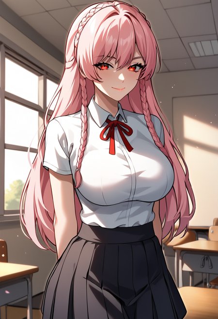 janica_faylover, pink hair, long hair, braided sidelock, braid, red eyes,loose hair, crown braid, large breasts,bare arms, manhwa, webtoon, skirt, shirt, white shirt, ribbon,red ribbon, black skirt, pleated skirt,evil_janica
BREAK
indoors, classroom, sunset
BREAK
cowboy shot,looking at viewer, flirty face, closed mouth, evil smile,beautiful lips, front view , showing off her cleavage, arms behind back, 
BREAK
best quality, masterpiece,score_9, score_8_up, score_7_up, perfect hand, , source_anime, zPDXL,  <lora:Janica_Faylover:0.8>