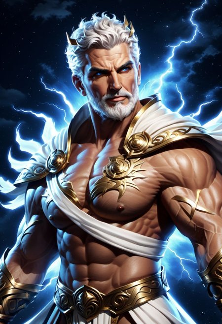 4k, digital art, semi realistic, fantasy, best quality, masterpiece, very detailed, dynamic angle, dynamic pose, seen from the side, pov from the side, portrait of a male bodybuilder, huge bodybuilder, mature, massive arms, huge pectorals, short hair, white hair, white beard, long beard, handsome, big nose, big eyes, anime eyes, greek god, wearing a greek tunic, ancient greece, fighting, holding a thunder bolt, surrounded by thunder, night sky on the background (cinematic light, volumetric),