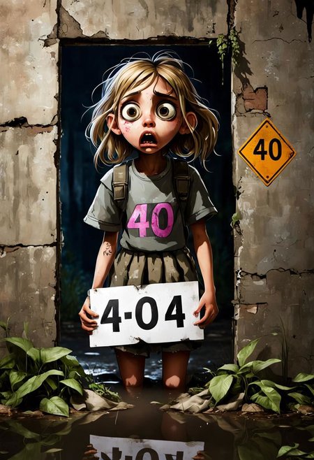 a photo of a terrified missing girl holding a 404 sign hiding behind a wall, 3/4 front view, survival, post-apocalyptic, cyberpunk, outdoors, ((night)), destruction, urban decay, reflective puddles masterpiece, overgrown city
