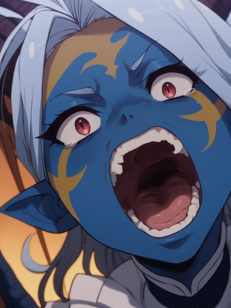 <lora:happy_tentacle-giselle-v0.2:1>, ht_giselle, 1girl, colored skin, blue skin, dragon wings, dragon tail night sky , portrait, close-up , , ( flustered , screaming :1.1), looking at viewer , score_9, score_8_up, score_7_up, score_6_up, score_5_up, score_4_up