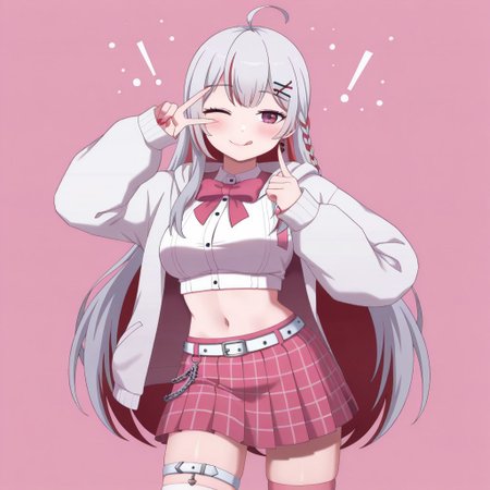lazypos, girl focus, 1girl, virtual youtuber, skirt, streaked hair, tongue, multicolored hair, white jacket, one eye closed, solo, tongue out, long hair, jacket, shirt, navel, hood, white shirt, red hair, earrings, plaid, hair ornament, thighhighs, midriff, plaid skirt, bow, ahoge, hooded jacket, braid, thigh strap, jewelry, grey hair, looking at viewer, open jacket, white hair, x hair ornament, open clothes, pink eyes, bowtie, v, crop top, belt, red eyes, long sleeves, pink skirt, breasts, pleated skirt, blush, ;q, pink bowtie, Kamuoo, BartoStyle