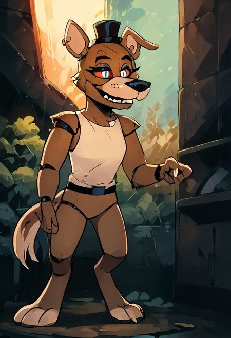 SCORE_9, SCORE_8_UP, SOURCE_FURRY, BREAK, SOLO, HOUNDSONA, BLIND EYES, FEMALE, FURRY, DECREPIT, HOBBLING, freddy, brown fur,  DARK CAVE, HIGH RESOLUTION, VIVID TEXTURES, DETAILED PUPILS