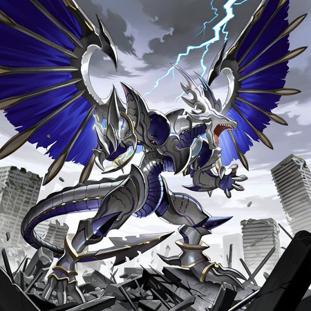 highres, best quality, masterpiece, very aesthetic, newest,solo,no humans,dorugoramon,horns,wings,tail,claws,open mouth,teeth,roaring,motion lines,spread_wings,fighting stance,outdoors,buildings,ruins,rubble,cloudy sky,lightning artist:suzumi \(ccroquette\)  <lora:DorugoramonIllustrious:1>