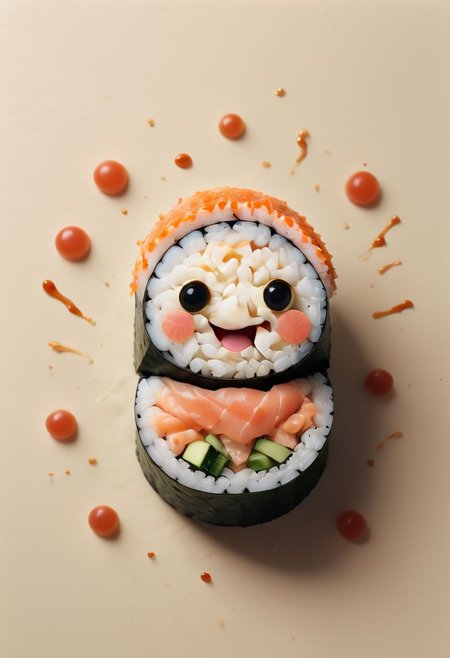 A cute, happy sushi roll, surreal