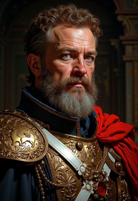 A distinguished middle-aged captain of the guards stands in full regalia, exuding authority and experience. His striking blue eyes command attention, contrasting with his neatly cropped gray beard and chestnut curly hair. The bear crest on his armor symbolizes his strength and loyalty. This vivid portrayal, whether a painting or photograph, captures the essence of a formidable and respected knight in exquisite detail and quality.
