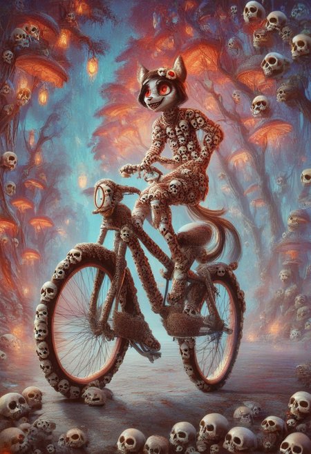 score_9, score_8_up, score_7_up, score_6_up, score_5_up, score_4_up,  A playful, anthropomorphic coffee cup  made with skulls with big eyes and a grin, riding a bicycle on a path lined with donuts, illustration in the style of BRSH